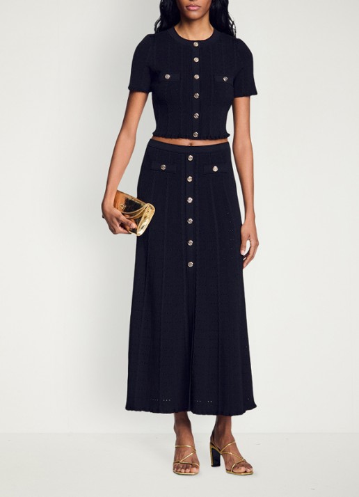 Sandro Grofgebreide blouse met borstzak - voorkant zwart