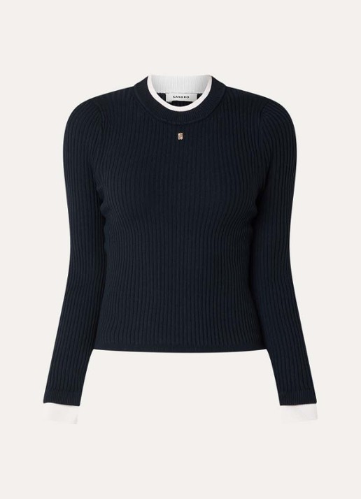 Sandro Grofgebreide pullover met logo - voorkant 2 donkerblauw