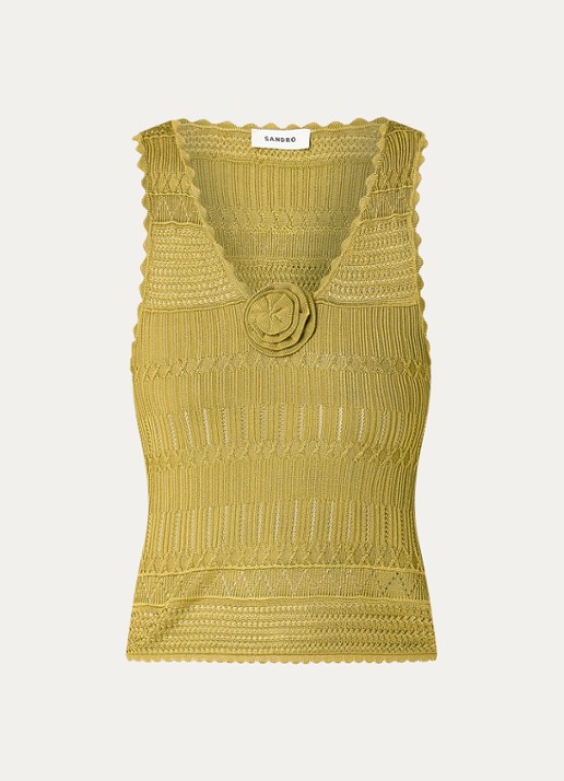 Sandro Grofgebreide tanktop met applicatie - voorkant goud