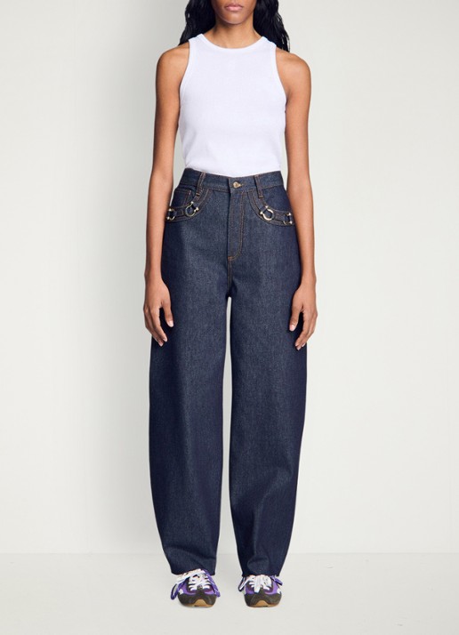 Sandro High waist barrel jeans met donkere wassing en decoratie - detail 2 indigo