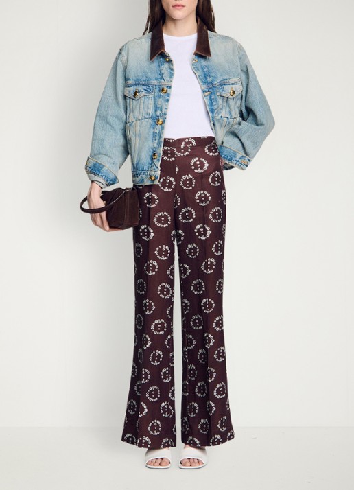 Sandro High waist flared broek in linnenblend met bloemenprint - voorkant 6 bruin