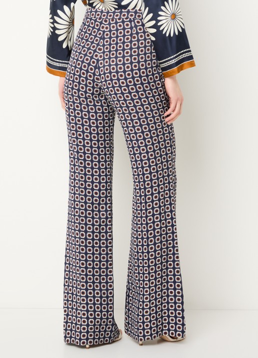 Sandro High waist flared fit broek in linnenblend met bloemenprint - achterkant 4 donkerblauw