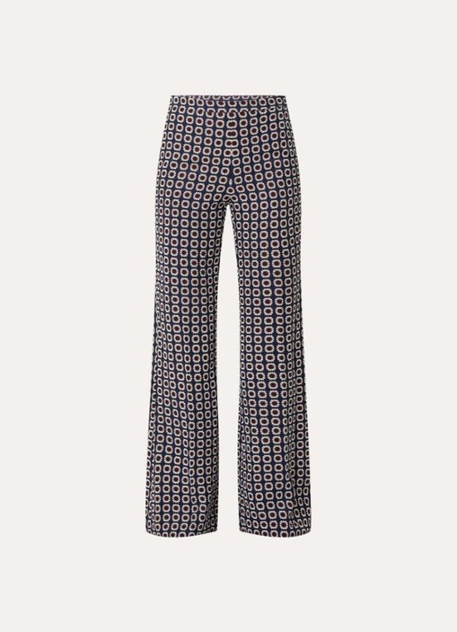 Sandro High waist flared fit broek in linnenblend met bloemenprint - voorkant donkerblauw