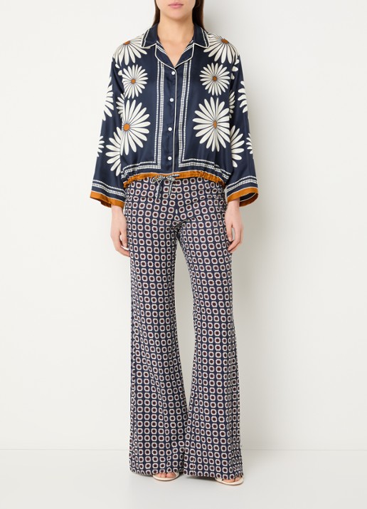 Sandro High waist flared fit broek in linnenblend met bloemenprint - voorkant 2 donkerblauw