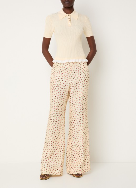 Sandro High waist flared fit pantalon in linnenblend met bloemenprint - voorkant 3 lichtgeel