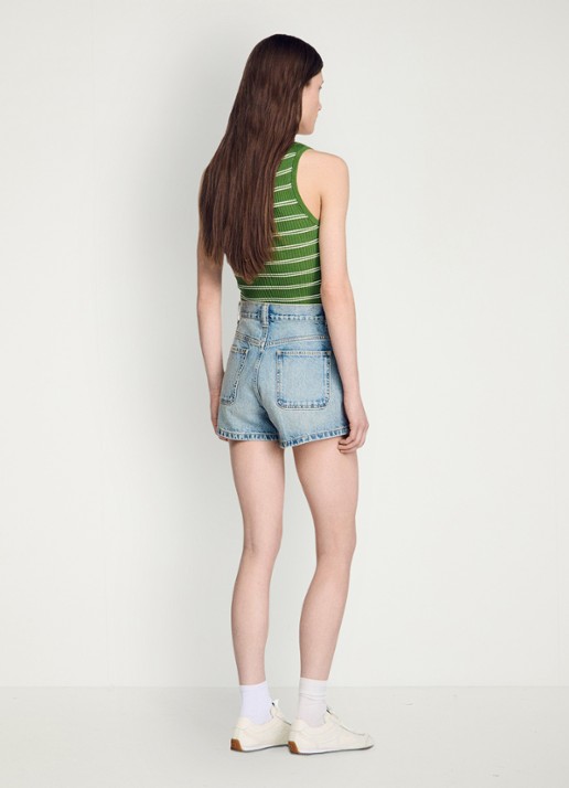 Sandro High waist korte breoek van denim met opgestikte zakken - achterkant 7 blue jean / blauw
