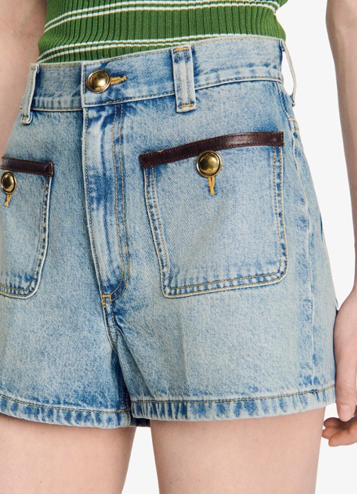 Sandro High waist korte breoek van denim met opgestikte zakken - detail 5 blue jean / blauw