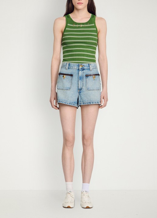 Sandro High waist korte breoek van denim met opgestikte zakken - detail 6 blue jean / blauw
