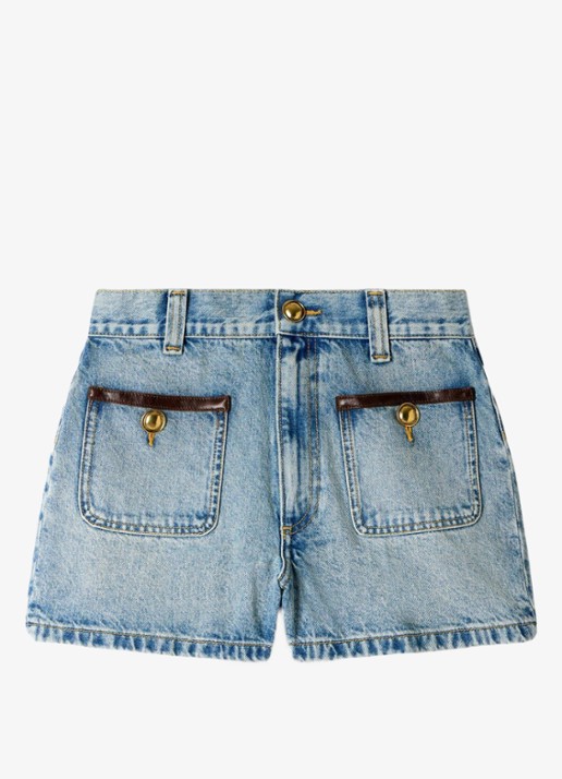 Sandro High waist korte breoek van denim met opgestikte zakken - voorkant blue jean / blauw