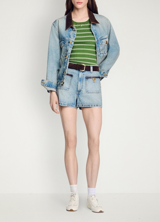 Sandro High waist korte breoek van denim met opgestikte zakken - voorkant 2 blue jean / blauw