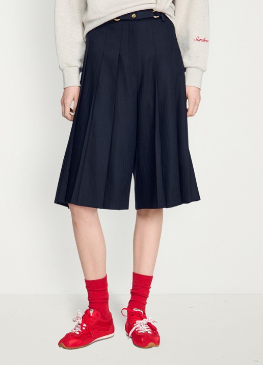 Sandro High waist loose fit korte broek met plooien en afneembare riem - detail 2 donkerblauw