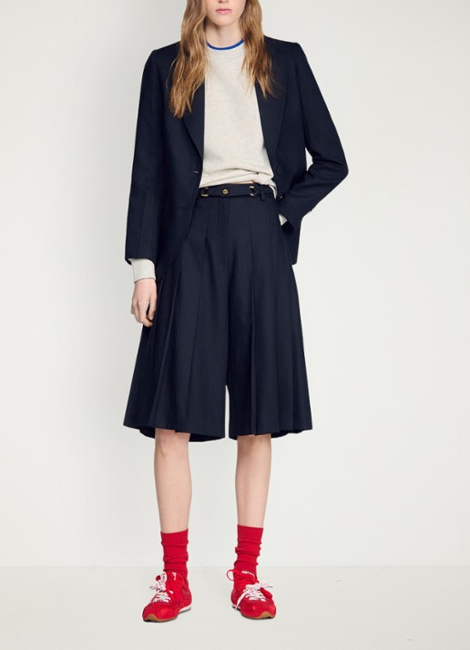 Sandro High waist loose fit korte broek met plooien en afneembare riem - detail 5 donkerblauw