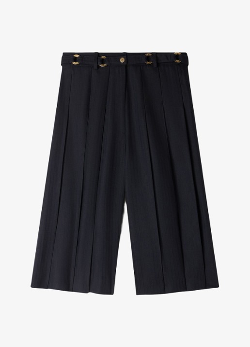 Sandro High waist loose fit korte broek met plooien en afneembare riem - voorkant 7 donkerblauw