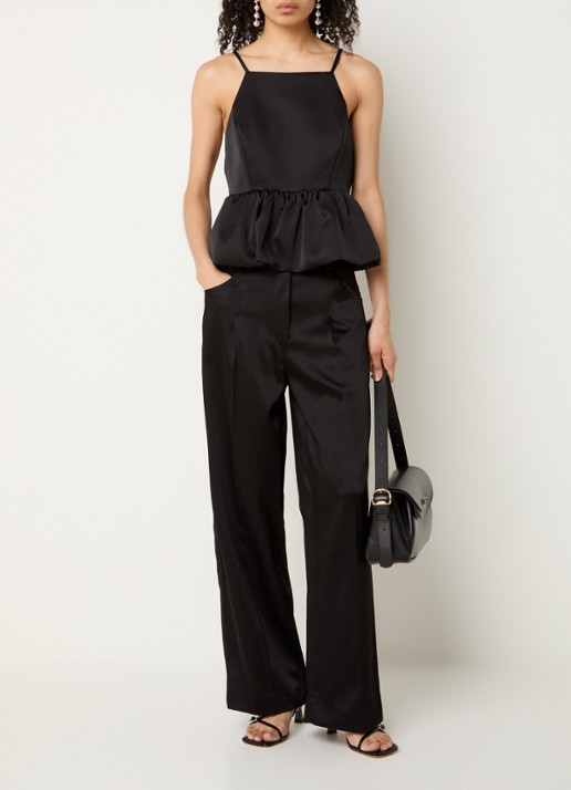 Sandro High waist loose fit pantalon van satijn met steekzakken - voorkant 2 zwart