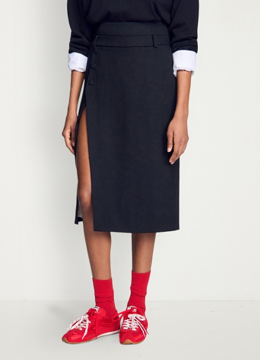 Sandro High waist midi rok van wol met split - detail 2 zwart