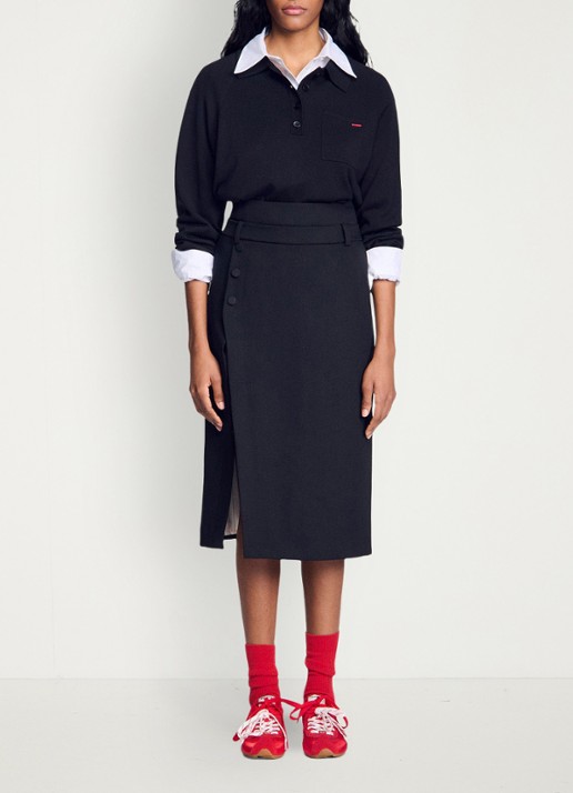 Sandro High waist midi rok van wol met split - detail 3 zwart