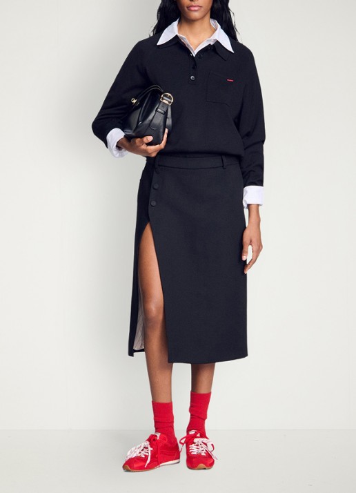 Sandro High waist midi rok van wol met split - voorkant 6 zwart