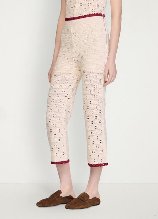 Sandro High waist straight fit broek van crochet - detail beige