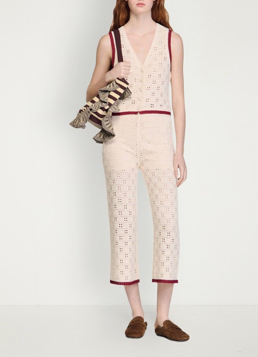 Sandro High waist straight fit broek van crochet - voorkant 6 beige