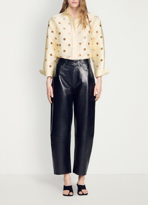 Sandro High waist straight fit broek van lamsleer - detail 3 zwart