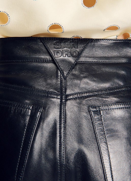 Sandro High waist straight fit broek van lamsleer - detail 4 zwart