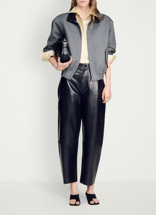 Sandro High waist straight fit broek van lamsleer - voorkant 7 zwart