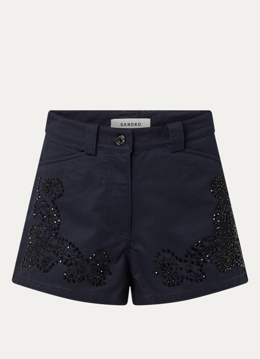 Sandro High waist straight fit korte broek met strass - voorkant donkerblauw