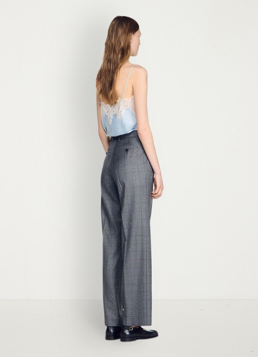 Sandro High waist straight fit pantalon met ruit dessin - achterkant 7 dark grey / grijs