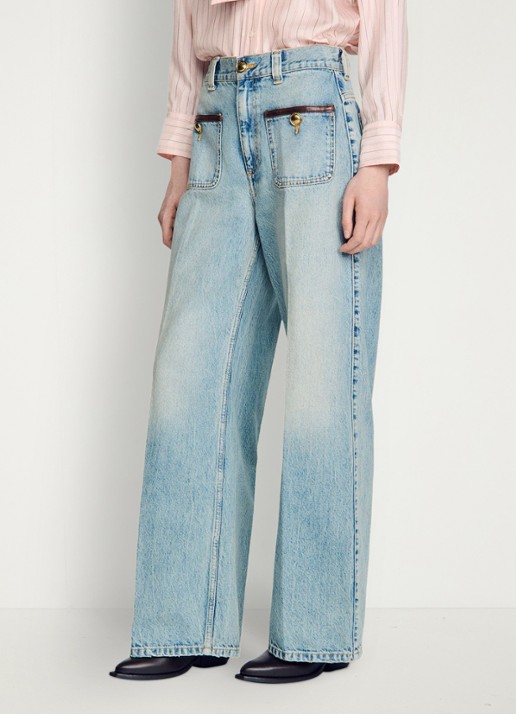 Sandro High waist straight leg broek van denim met lichte wassing en opgestikte zakken - detail 3 blue jean / blauw