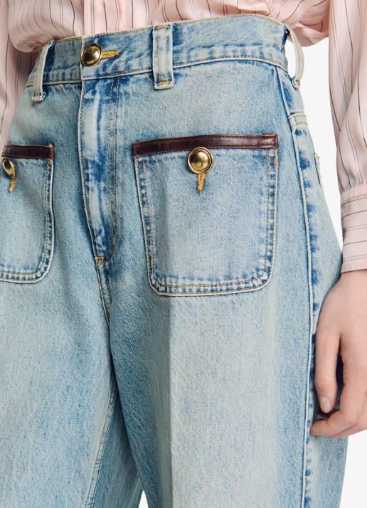 Sandro High waist straight leg broek van denim met lichte wassing en opgestikte zakken - detail 5 blue jean / blauw