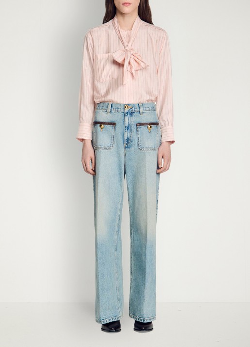 Sandro High waist straight leg broek van denim met lichte wassing en opgestikte zakken - detail 6 blue jean / blauw