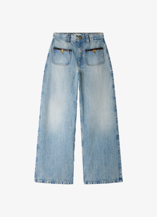 Sandro High waist straight leg broek van denim met lichte wassing en opgestikte zakken - voorkant blue jean / blauw