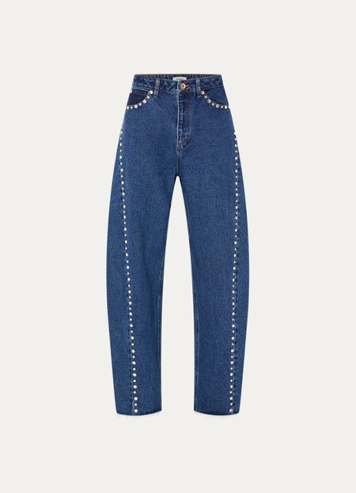 Sandro High waist straight leg jeans met donkere wassing en strass - voorkant indigo
