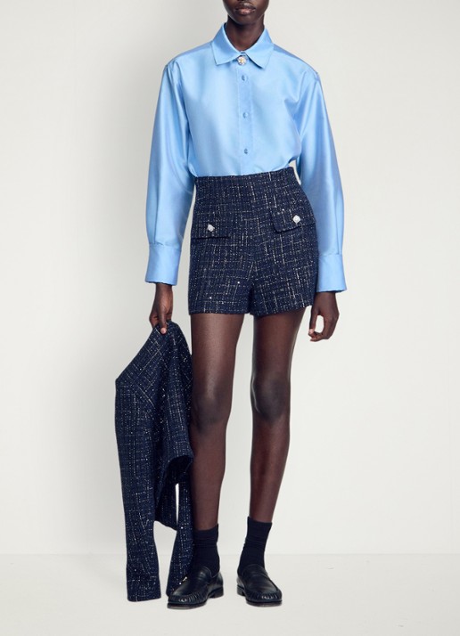 Sandro High waist wide fit korte broek met tweed-look - detail 4 donkerblauw