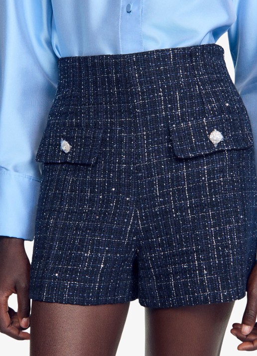 Sandro High waist wide fit korte broek met tweed-look - detail 5 donkerblauw