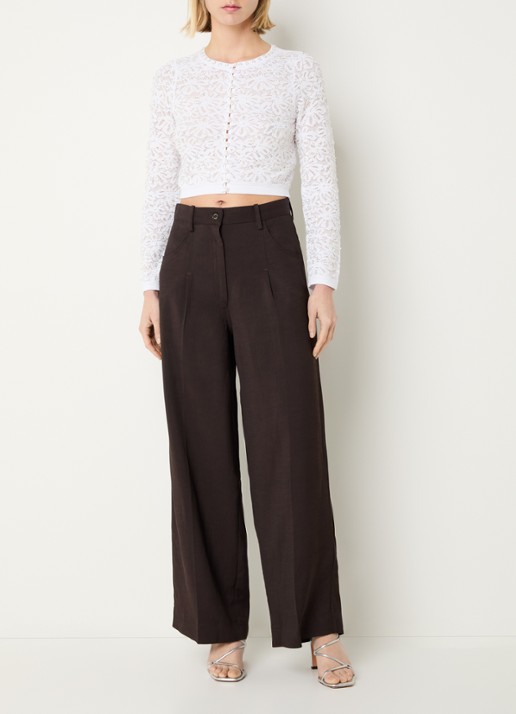 Sandro High waist wide fit pantalon in linnenblend - voorkant 3 donkerbruin