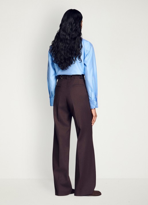 Sandro High waist wide fit pantalon in wolblend met ceintuur - achterkant 3 lichtbruin