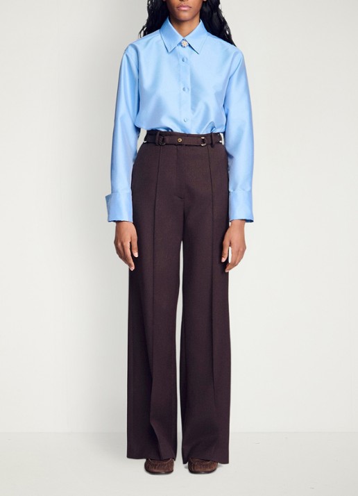Sandro High waist wide fit pantalon in wolblend met ceintuur - detail 5 lichtbruin