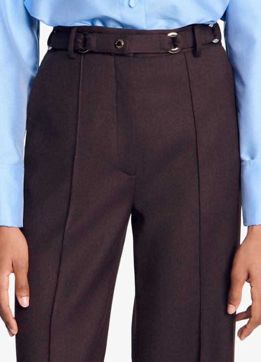 Sandro High waist wide fit pantalon in wolblend met ceintuur - detail 6 lichtbruin