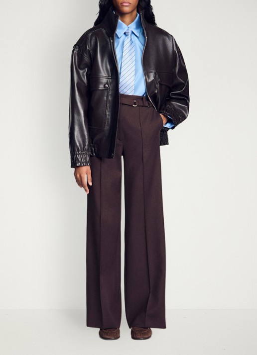 Sandro High waist wide fit pantalon in wolblend met ceintuur - detail 7 lichtbruin