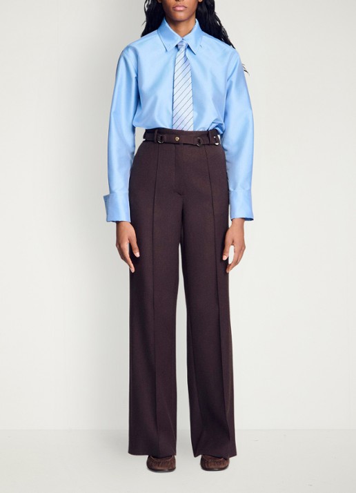Sandro High waist wide fit pantalon in wolblend met ceintuur - voorkant 2 lichtbruin