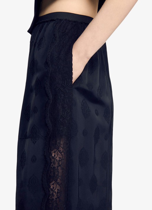 Sandro High waist wide fit pantalon met jacquard dessin en zakken - detail 5 black / zwart
