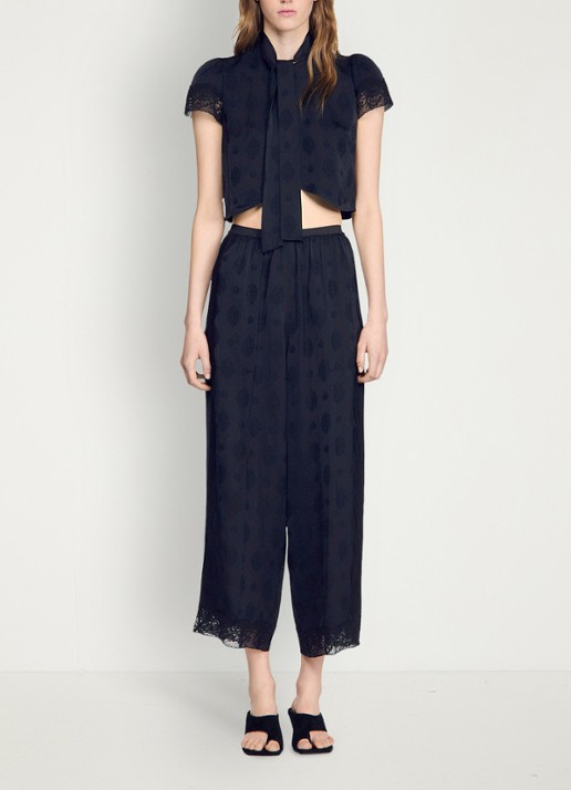 Sandro High waist wide fit pantalon met jacquard dessin en zakken - detail 6 black / zwart