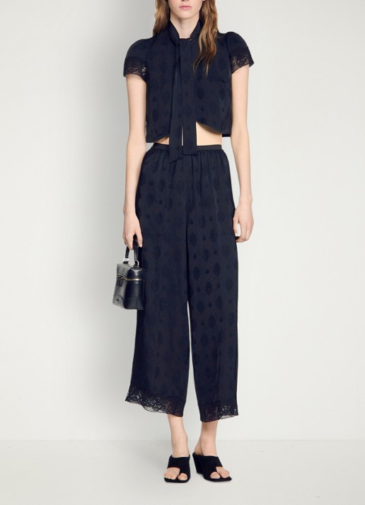 Sandro High waist wide fit pantalon met jacquard dessin en zakken - voorkant 3 black / zwart
