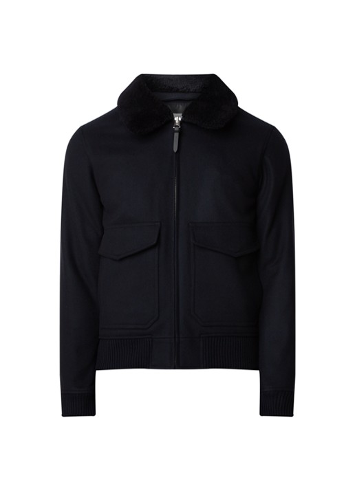 Sandro Jack in wolblend met afneembare teddy kraag - voorkant donkerblauw