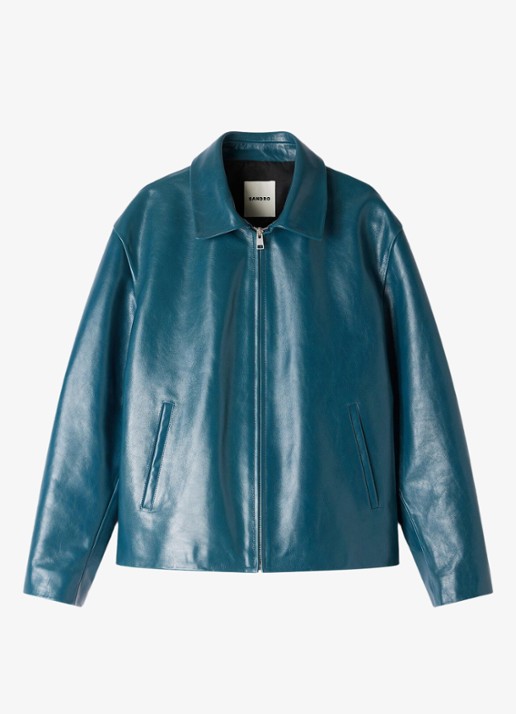 Sandro Jack van leer met steekzakken - voorkant petrol blue / blauw