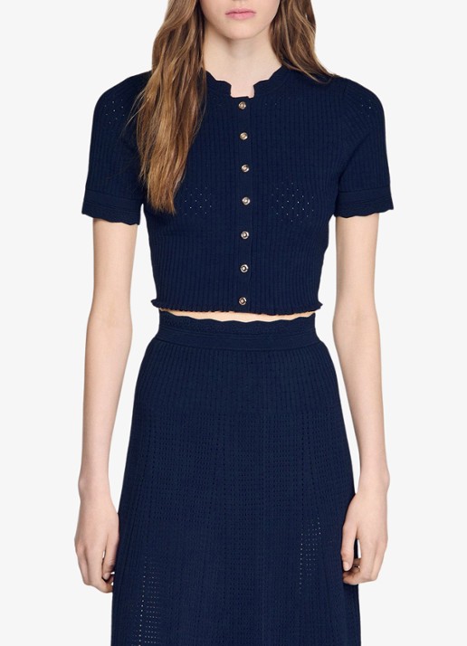 Sandro Kort gebreid vest met pointelle-details - detail donkerblauw