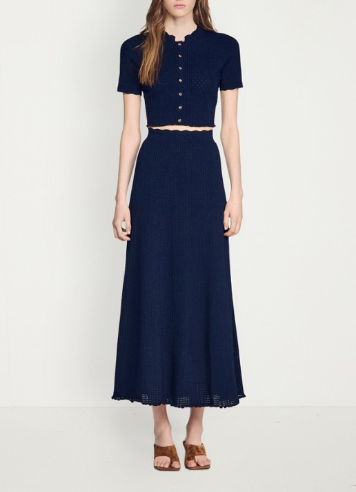Sandro Kort gebreid vest met pointelle-details - detail 2 donkerblauw