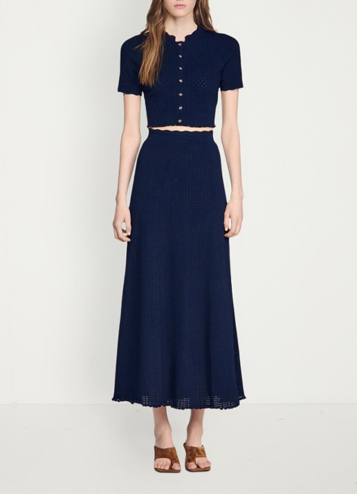 Sandro Kort gebreid vest met pointelle-details - detail 4 donkerblauw