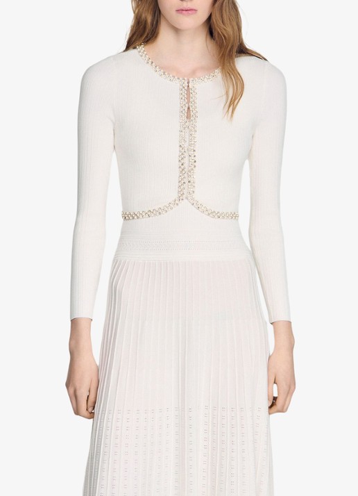 Sandro Kort vest met parels en stras - detail wit